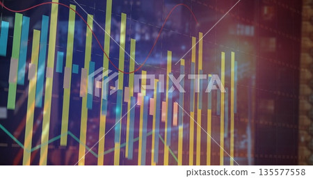 Displaying financial data on trading UI, showing colorful bars, candlesticks, red and green trends Displaying financial data on trading UI, showing colorful bars, candlesticks, red and green trends 135577558