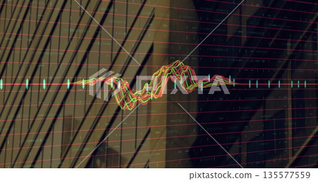 Displaying waveform chart on shaded wall with red grid lines, teal candlestick markers, axis labels Displaying waveform chart on shaded wall with red grid lines, teal candlestick markers, axis labels 135577559