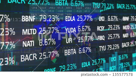 Displaying trading data streaming on trading screen, with stock tickers, percentage values, charts Displaying trading data streaming on trading screen, with stock tickers, percentage values, charts 135577578