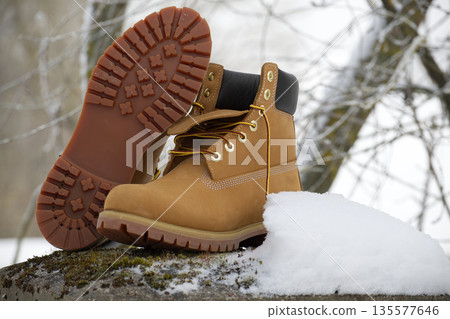 Iconic tan work boots with thick soles resting on a mossy surface in the snow Iconic tan work boots with thick soles resting on a mossy surface in the snow 135577646