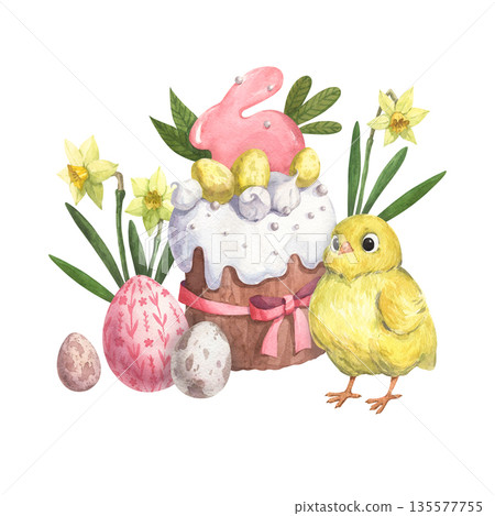 Watercolor illustration with chicken and Easter cake 135577755