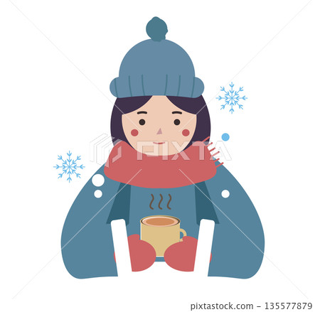 Woman drinking hot coffee in a cafe on winter holidays. Drinking hot drink. Drinking cafe latte. Vector illustration Woman drinking hot coffee in a cafe on winter holidays. Drinking hot drink. Drinking cafe latte. Vector illustration 135577879