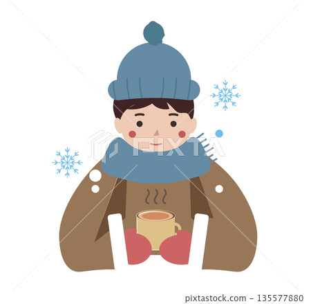 一個男人在喝拿鐵咖啡。一個男人在冬天用熱飲取暖。咖啡廳.向量圖 135577880
