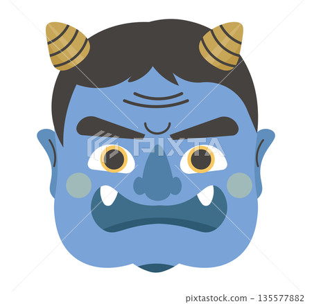 A scary blue demon mask. A blue demon's face. A Setsubun demon. 135577882