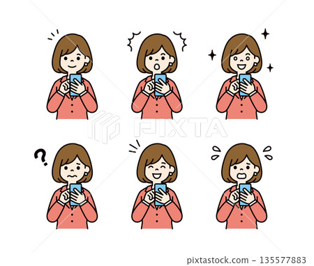 Vector illustration material set of various facial expressions of a woman in a suit operating a smartphone_Color 135577883
