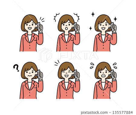 一組向量插圖素材，包含一位身穿西裝、正在使用智慧型手機通話的女性的各種面部表情（彩色）。 135577884