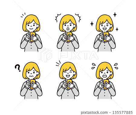 Vector illustration material set of various facial expressions of young female employees and business people operating smartphones 135577885