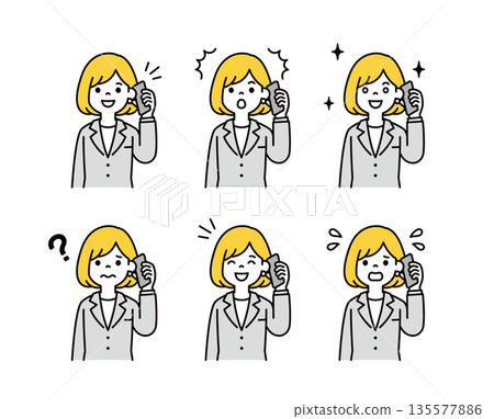 A vector illustration set of various facial expressions of young female employees and business people talking on smartphones 135577886