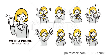 一組向量插圖，描繪了一位手持智慧型手機的女商人的各種表情和姿勢。 135577888