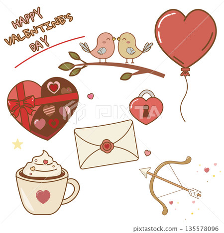Valentine's Day illustration set. Romance, confession, love, chocolate, marriage, cafe, February. Vector illustration 135578096