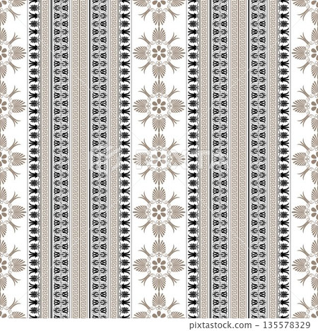 A seamless pattern with a Greek meander ornament. Classic Greek borders: meander, palmette, and ornate gold-and-black floral patterns. Typical Egyptian, Assyrian, and Greek motifs. For textiles and em 135578329