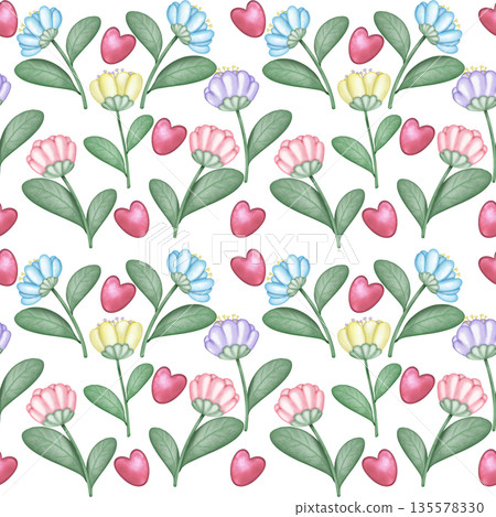Seamless pattern  Flower watercolor spring floral set. Hand drawn pastel  flower, leaf, Cute nature.  135578330