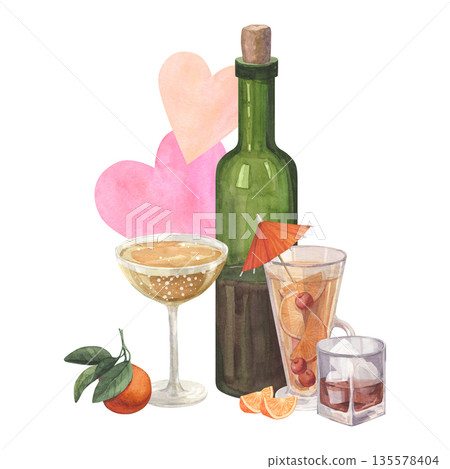 Watercolor illustration with alcoholic and non-alcoholic cocktails 135578404