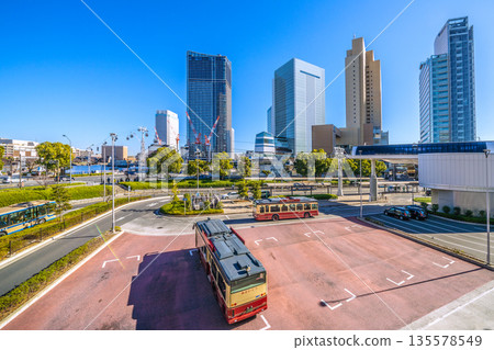 Yokohama cityscape, Japan, January 9th. View of the buildings in front of Sakuragicho Station, Akaikutsu, and the ropeway. Yokohama cityscape, Japan, January 9th. View of the buildings in front of Sakuragicho Station, Akaikutsu, and the ropeway. 135578549