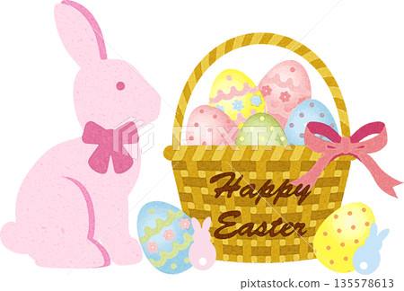 水彩插畫，描繪了一隻可愛的復活節兔子和一籃彩蛋 135578613
