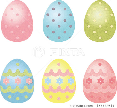 Cute watercolor Easter eggs. A pastel-colored Easter material set decorated with dots and floral patterns. Cute watercolor Easter eggs. A pastel-colored Easter material set decorated with dots and floral patterns. 135578614