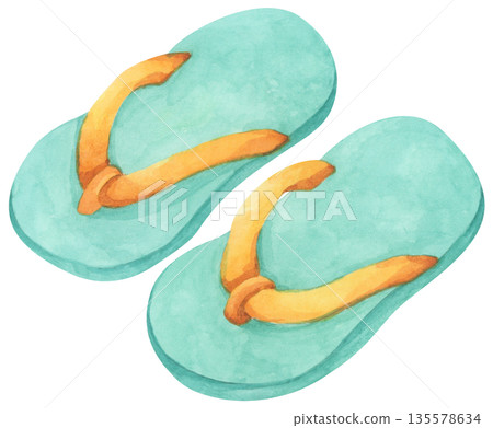 Watercolor Flip-Flops, Summer Slippers Sandals, Beachwear Footwear Fashion, Cute Shoes Pair, Tropical Weather Sea Vacation Outdoor Walk. Watercolor Flip-Flops, Summer Slippers Sandals, Beachwear Footwear Fashion, Cute Shoes Pair, Tropical Weather Sea Vacation Outdoor Walk. 135578634