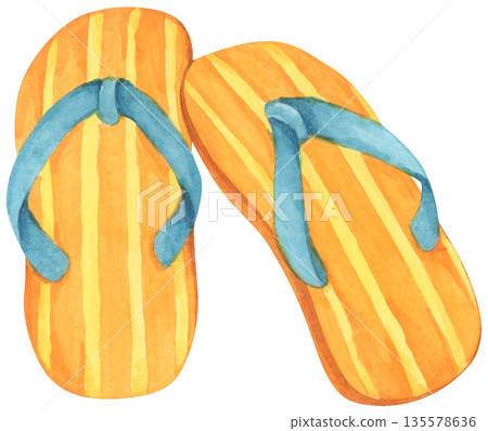 Watercolor Flip-Flops, Summer Slippers Sandals, Beachwear Footwear Fashion, Cute Shoes Pair, Tropical Weather Sea Vacation Outdoor Walk. 135578636