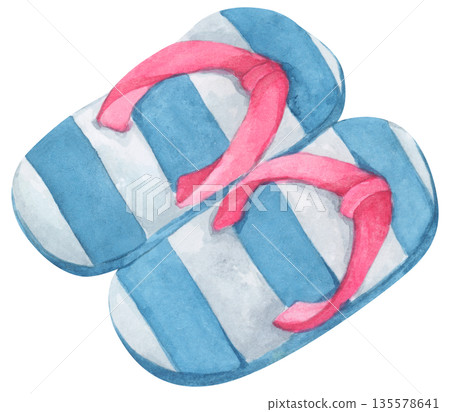 Watercolor Flip-Flops, Summer Slippers Sandals, Beachwear Footwear Fashion, Cute Shoes Pair, Tropical Weather Sea Vacation Outdoor Walk. 135578641