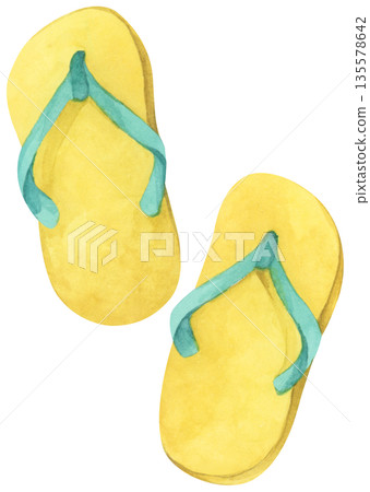 Watercolor Flip-Flops, Summer Slippers Sandals, Beachwear Footwear Fashion, Cute Shoes Pair, Tropical Weather Sea Vacation Outdoor Walk. Watercolor Flip-Flops, Summer Slippers Sandals, Beachwear Footwear Fashion, Cute Shoes Pair, Tropical Weather Sea Vacation Outdoor Walk. 135578642