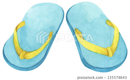 Watercolor Flip-Flops, Summer Slippers Sandals, Beachwear Footwear Fashion, Cute Shoes Pair, Tropical Weather Sea Vacation Outdoor Walk. 135578643