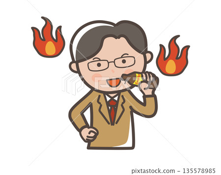 中年男性商務人士上半身的插圖，他正在喝一種能讓他精神振奮的營養飲料。 135578985