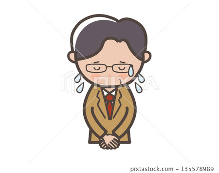An upper body illustration of a middle-aged male businessman wearing glasses apologizing while sweating heavily An upper body illustration of a middle-aged male businessman wearing glasses apologizing while sweating heavily 135578989