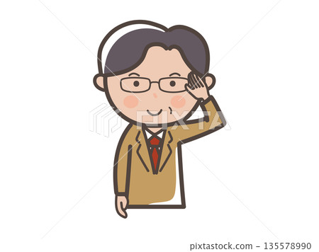 一位戴眼鏡的中年男性商務人士的上半身插圖，他擺出理解的姿勢 135578990