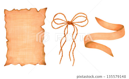 Text box, jute rope bow and curved ribbon. Watercolor set of decorative elements in brown tones. Hand drawn, isolated art. For gift wrapping, packaging, branding, invitations, and decorative design 135579148
