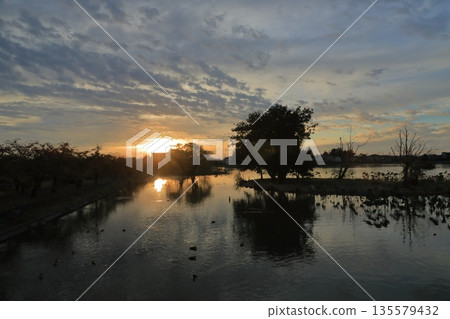 Lake Hyoko in Agano illuminated by the setting sun 135579432
