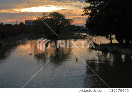 A view of Lake Hyoko in Agano with the sky dyed crimson 135579435