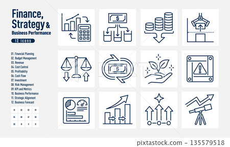 Finance, Strategy, and Business Performance Business Icon Set (12 Icons) 135579518
