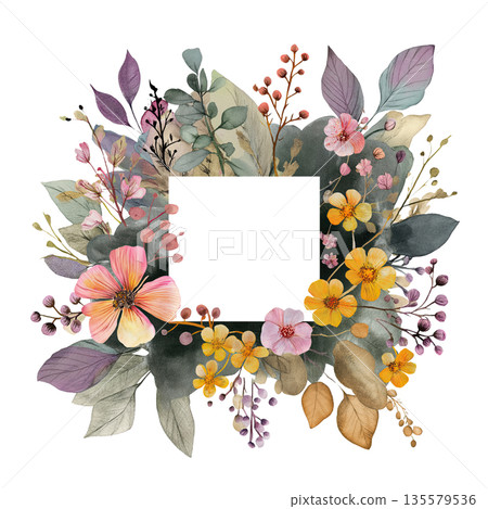 Floral frame watercolor flower botanical wreath pastel leaf square border spring blossom wedding invitation floral decoration 135579536