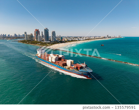 Cargo business. Container ship. Shipping logistics. Commercial shipping. Cargo ship in sea, drone view. Freight container loaded on cargo vessel. Aerial view cargo ship in sea Cargo business. Container ship. Shipping logistics. Commercial shipping. Cargo ship in sea, drone view. Freight container loaded on cargo vessel. Aerial view cargo ship in sea 135579591