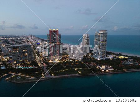 Top view of South Miami Beach. Miami Beach skyline with skyscrapers. Aerial view of Miami Beach in summer. Top view of South Miami Beach. Miami Beach skyline with skyscrapers. Aerial view of Miami Beach in summer. 135579592