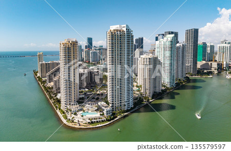 Aerial view of Brickell skyline in downtown Miami. Scenic panorama of Brickell financial district. Brickell in Miami city. Aerial view of Brickell skyline in downtown Miami. Scenic panorama of Brickell financial district. Brickell in Miami city. 135579597