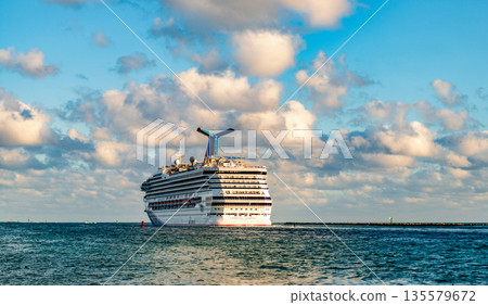Miami, Florida, USA - December 10, 2024: Cruise in summer vacation. Carnival cruise line. Cruise ship tour travel. Ship departing Miami port. Travel destination. Carnival Sunrise cruise ship voyage 135579672