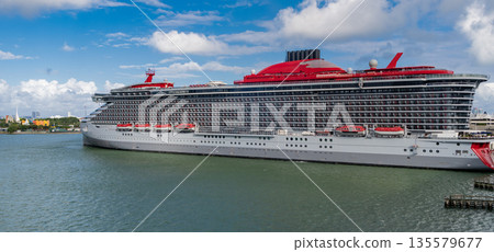 Travel adventure. Aerial view luxury liner voyage. Ship departing port. Miami tour. Cruise ship voyage. Aerial cruise vacation in summertime. Cruise ship tour. Cruise liner 135579677