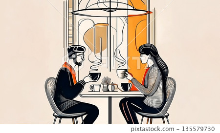 描繪男女在咖啡館放鬆的插圖 135579730