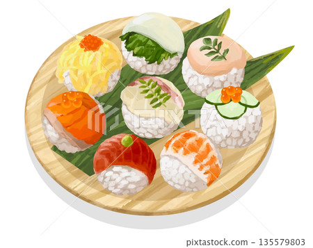 木盤上的手鞠壽司插圖 木盤上的手鞠壽司插圖 135579803