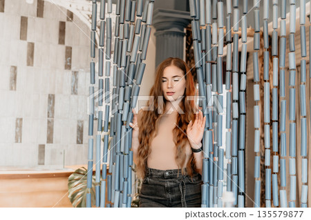 Woman Beads Curtain Relaxation Interior Design Woman Beads Curtain Relaxation Interior Design 135579877