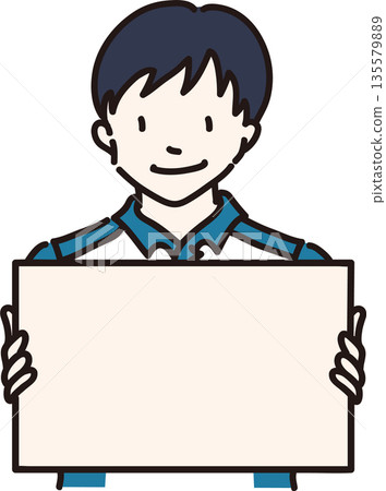 圖:一名身穿藍色制服的男子手持畫框 圖:一名身穿藍色制服的男子手持畫框 135579889