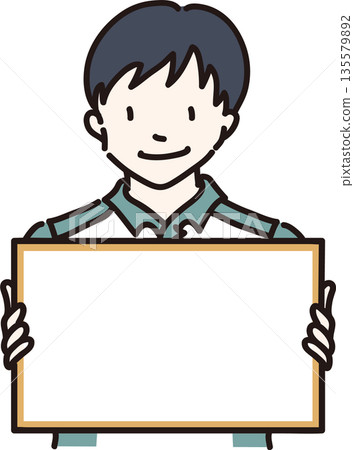 圖:一名身穿綠色制服的男子手持畫框 圖:一名身穿綠色制服的男子手持畫框 135579892