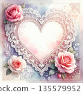 Watercolor illustration of a rose in a heart-shaped lace frame 135579952
