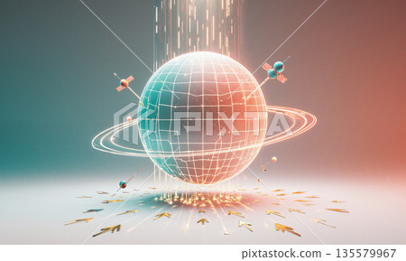 Sphere of Radiant Renewal - Minimalist spherical void infused with gradients of coral and aqua, holographic line charts orbit like 135579967