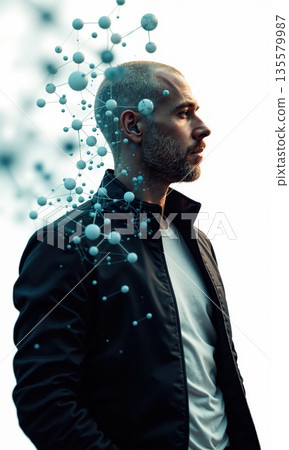 A confident male business leader in a black jacket, bathed in light with symbols of sustainable growth and technological innovation 135579987