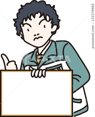 Illustration of a man holding a frame 2 Green uniform 135579989