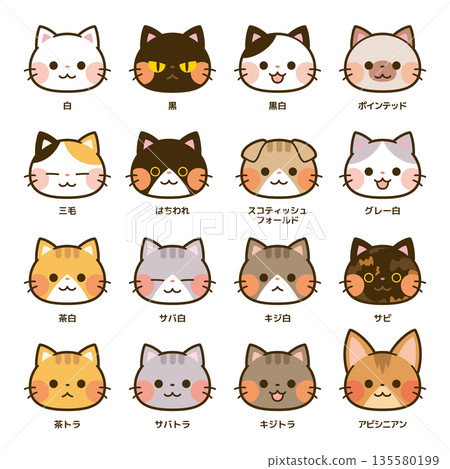 Set of cat face illustrations with various patterns 135580199