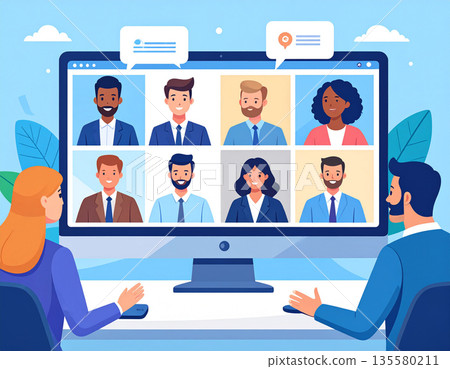 Illustration of a business person having an online meeting while working remotely 135580211