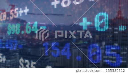 Streaming translucent digital ticker over city skyline at dusk, with floating monetary values Streaming translucent digital ticker over city skyline at dusk, with floating monetary values 135580312